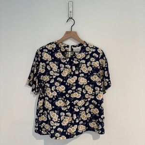 Vintage Cristin Stevens Petites Navy Daisy Floral Short Sleeve Blouse Size M